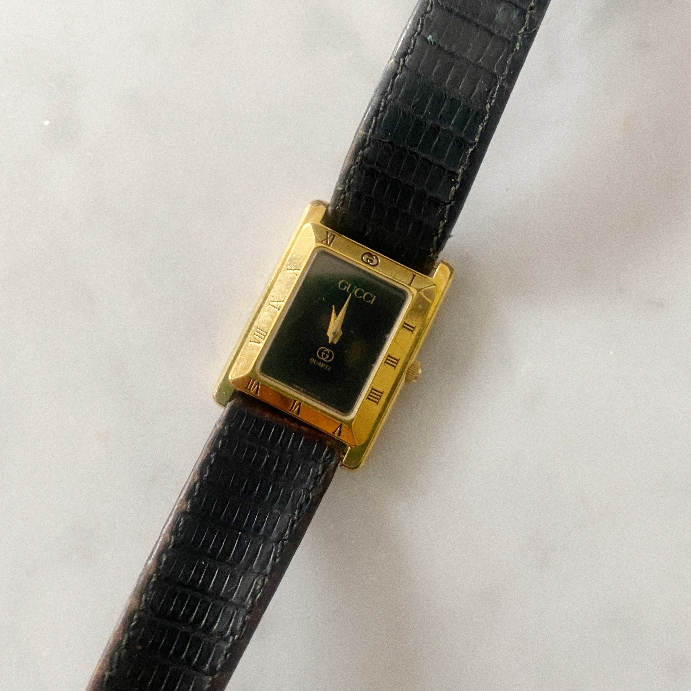 Vintage Watch Band Gucci Gold Gucci Rectangular Face With Black