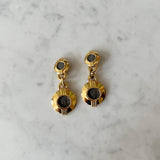 Vintage Gold Clip on Earrings with Black Stone Motif