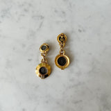 Vintage Gold Clip on Earrings with Black Stone Motif