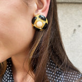 Vintage Black Enamel Earrings with Pearls and Rhinestones