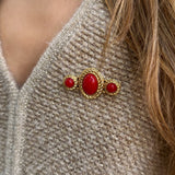 Vintage Three Red Stone Brooch in Gold Rope Setting