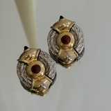 Two Tone Clip On Earrings w/ Red Stone
