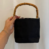 Vintage Black Nylon Handbag with Bamboo Handle
