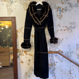 Vintage Long Black Suede Coat with Fox Fur Trim