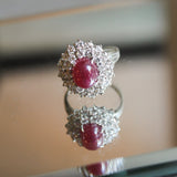Vintage 18K White Gold Ruby Cabochon and Diamond Ring