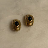 Black Ribbed Curved Earings with Oval Black Cabs