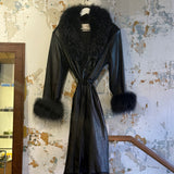 Long Black Belted Leather Jacket with Navy Racoon Fur Collar and Cuff