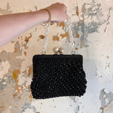 Vintage Black Bead and Raffia Purse with Pearly Chain