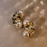 Vintage Sculptural Gold-Tone Earrings with Double Pearl Cluster