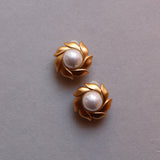 Vintage Matte Goldtoned Flower Pearl Center Earrings