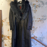 Vintage Black Leather Coat with Double Grey Fox Trim