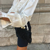 Vintage Black Bead and Raffia Purse with Pearly Chain