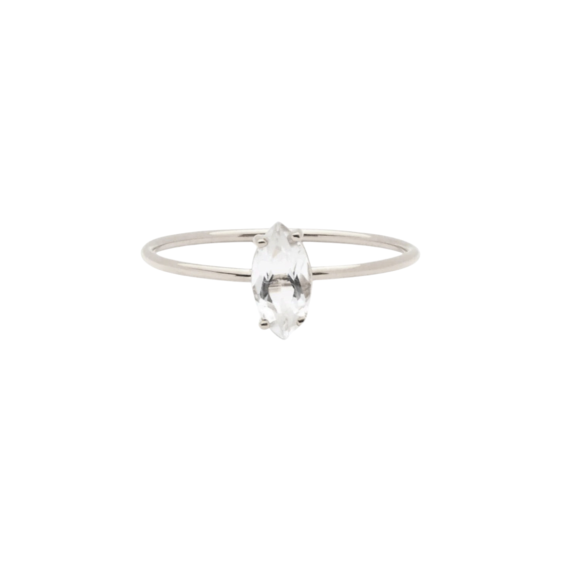 Tarin Thomas Reggie ring featuring a marquise cut white topaz stone set on a delicate sterling silver band