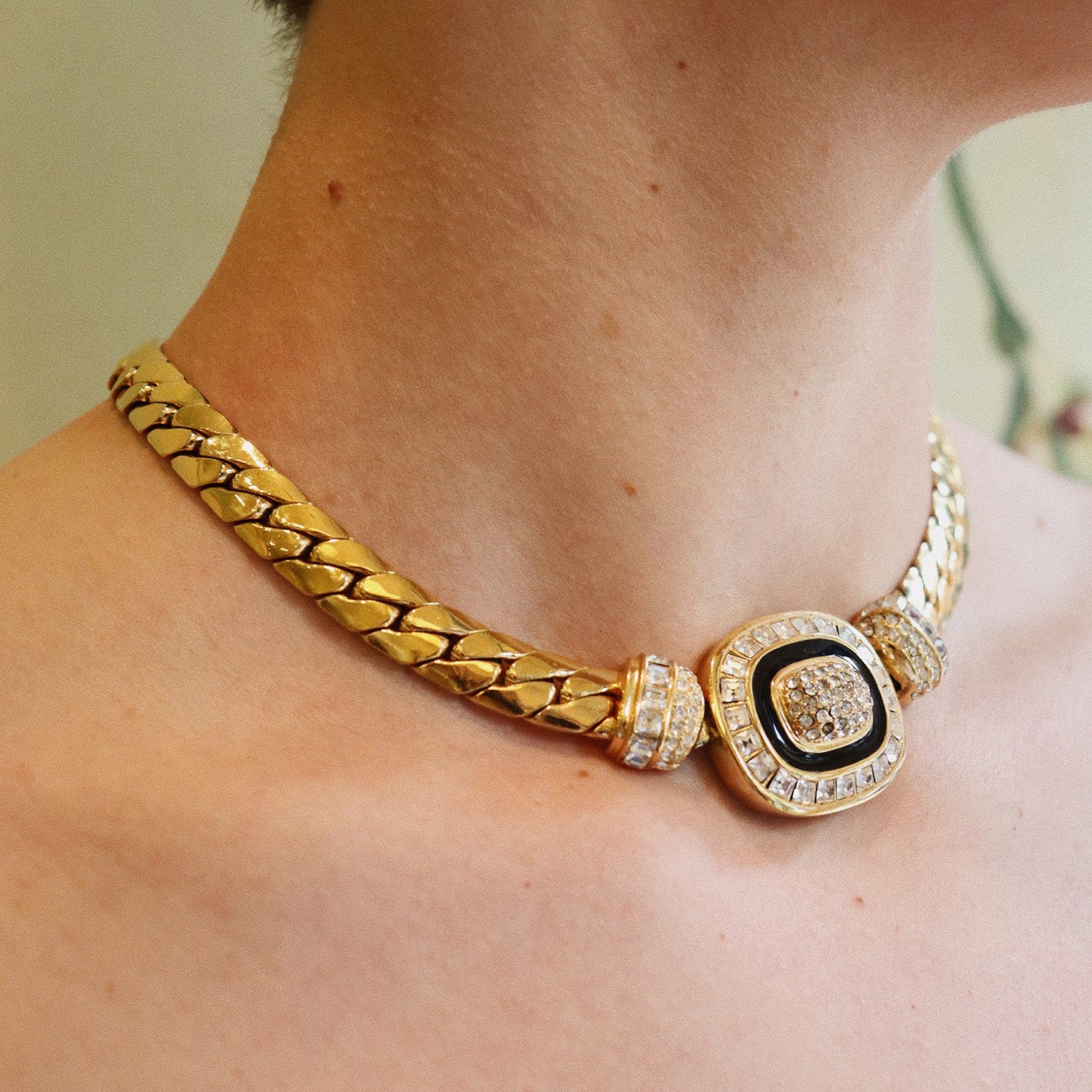 Vintage Gold Tone Choker with Rhinestones