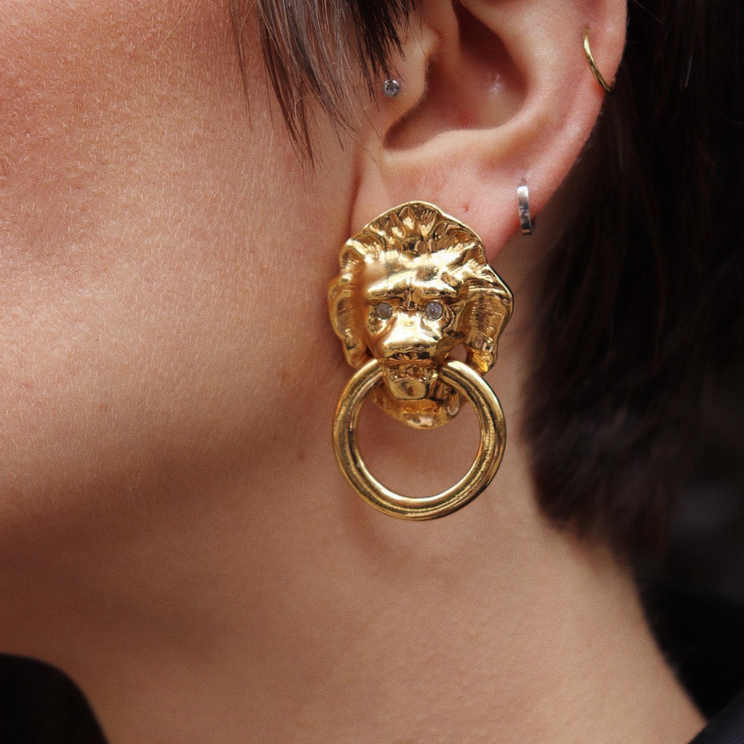 Vintage Kenneth Jay Lane Lion Head Knocker Earrings with Crystal Eyes