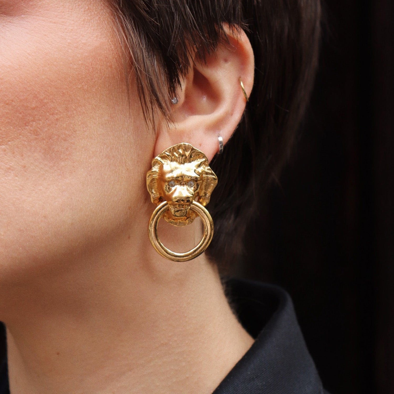 Vintage Kenneth Jay Lane Lion Head Knocker Earrings with Crystal Eyes