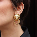 Vintage Kenneth Jay Lane Lion Head Knocker Earrings with Crystal Eyes