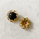 Vintage Round Black Enamel with Gold Wrapped Chain Detail Clip-On Earrings